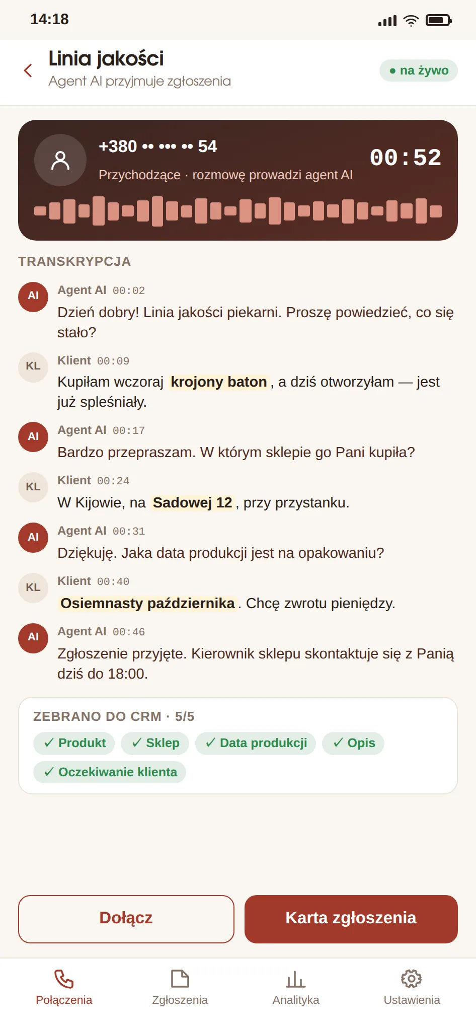 Telefonia AI do reklamacji i zgłoszeń „Kulinichi” — zrzut ekranu 1