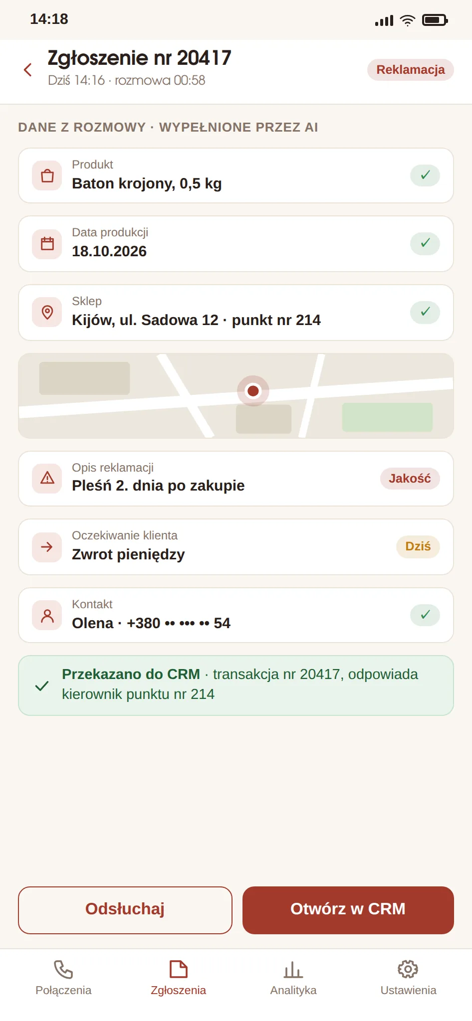 Telefonia AI do reklamacji i zgłoszeń „Kulinichi” — zrzut ekranu 2