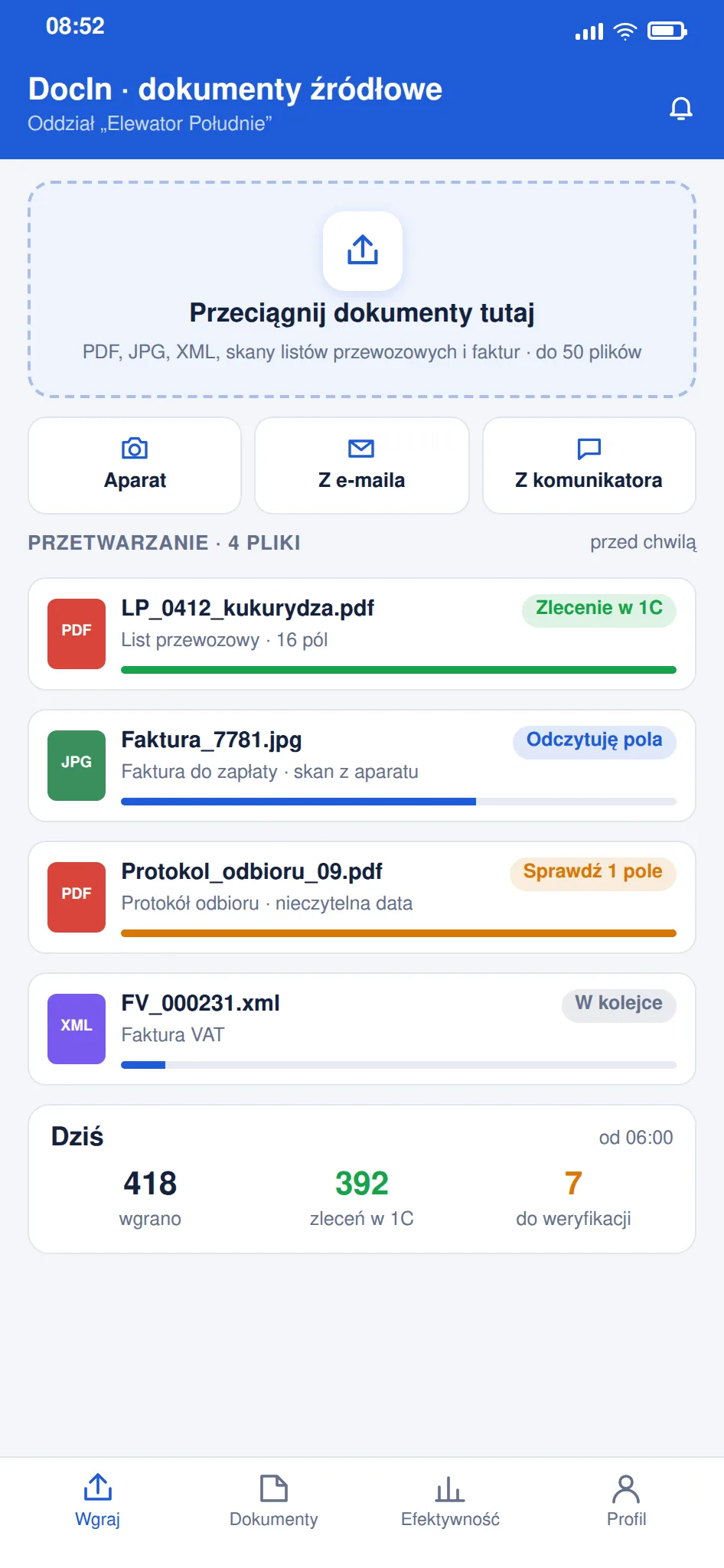 Automatyczne wprowadzanie dokumentów źródłowych do 1C dla MHP