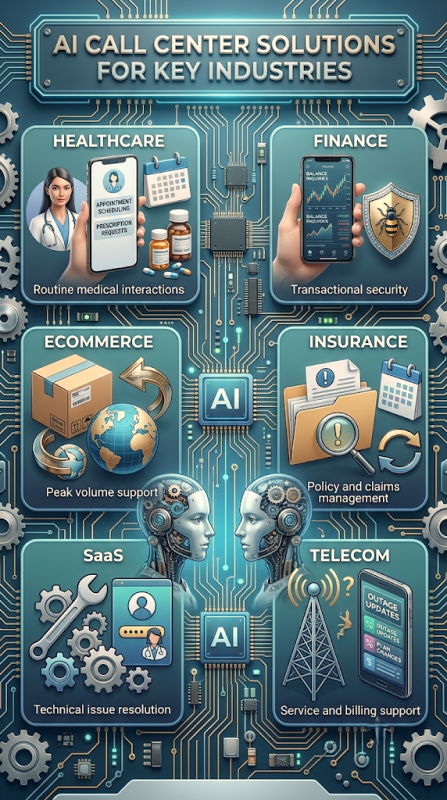 alt="infographic showing AI call center solutions across six industries: Healthcare, Ecommerce, SaaS, Finance, Insurance, and Telecom, with human agents, computer screens, and floating icons representing appointment scheduling, order tracking, technical support, fraud alerts, claims management, and service updates