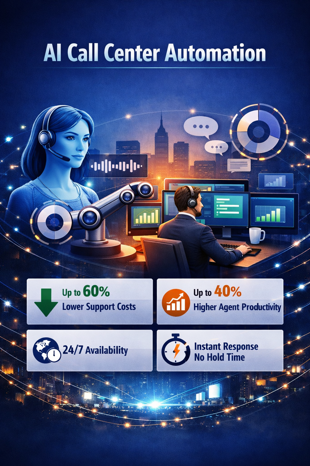 Infographic AI Call Center Automation showing virtual assistant, human agent and metrics: up to 60% lower support costs, 40% higher productivity, 24/7 availability, instant response without hold time