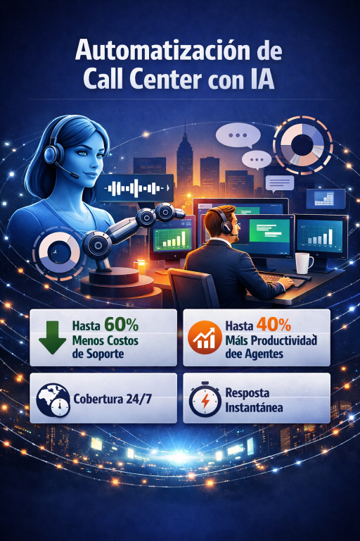 Infografía Automatización de Call Center con IA mostrando asistente virtual, agente humano y métricas: hasta 60% menos costos de soporte, 40% más productividad, cobertura 24/7 y respuesta instantánea.
