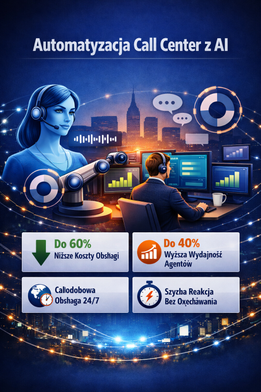Infografika Automatyzacja Call Center z AI pokazująca wirtualnego asystenta, agenta i dane: do 60% niższe koszty obsługi, 40% wyższa wydajność, całodobowa obsługa 24/7, szybka reakcja bez oczekiwania.