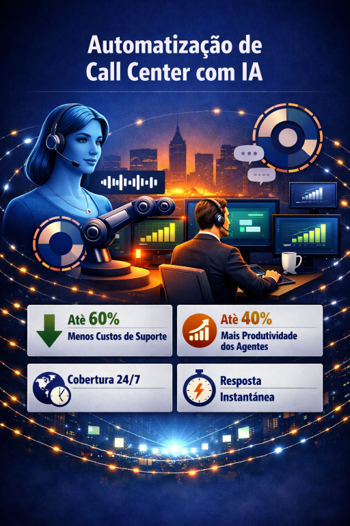 Infográfico Automação de Call Center com IA mostrando assistente virtual, agente humano e métricas: até 60% menos custos de suporte, 40% mais produtividade, cobertura 24/7 e resposta instantânea
