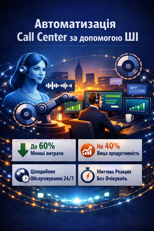 Інфографіка Автоматизація Call Center за допомогою ШІ, що показує віртуального асистента, агента та показники: до 60% менші витрати, 40% вища продуктивність, цілодобове обслуговування 24/7 та миттєва реакція без очікування