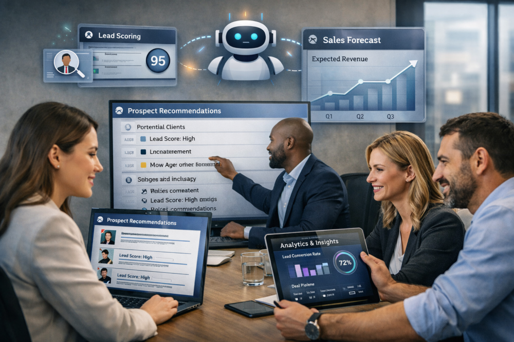 Business development team using AI tools for prospect research, lead scoring, and predictive sales forecasting in a modern office environment.