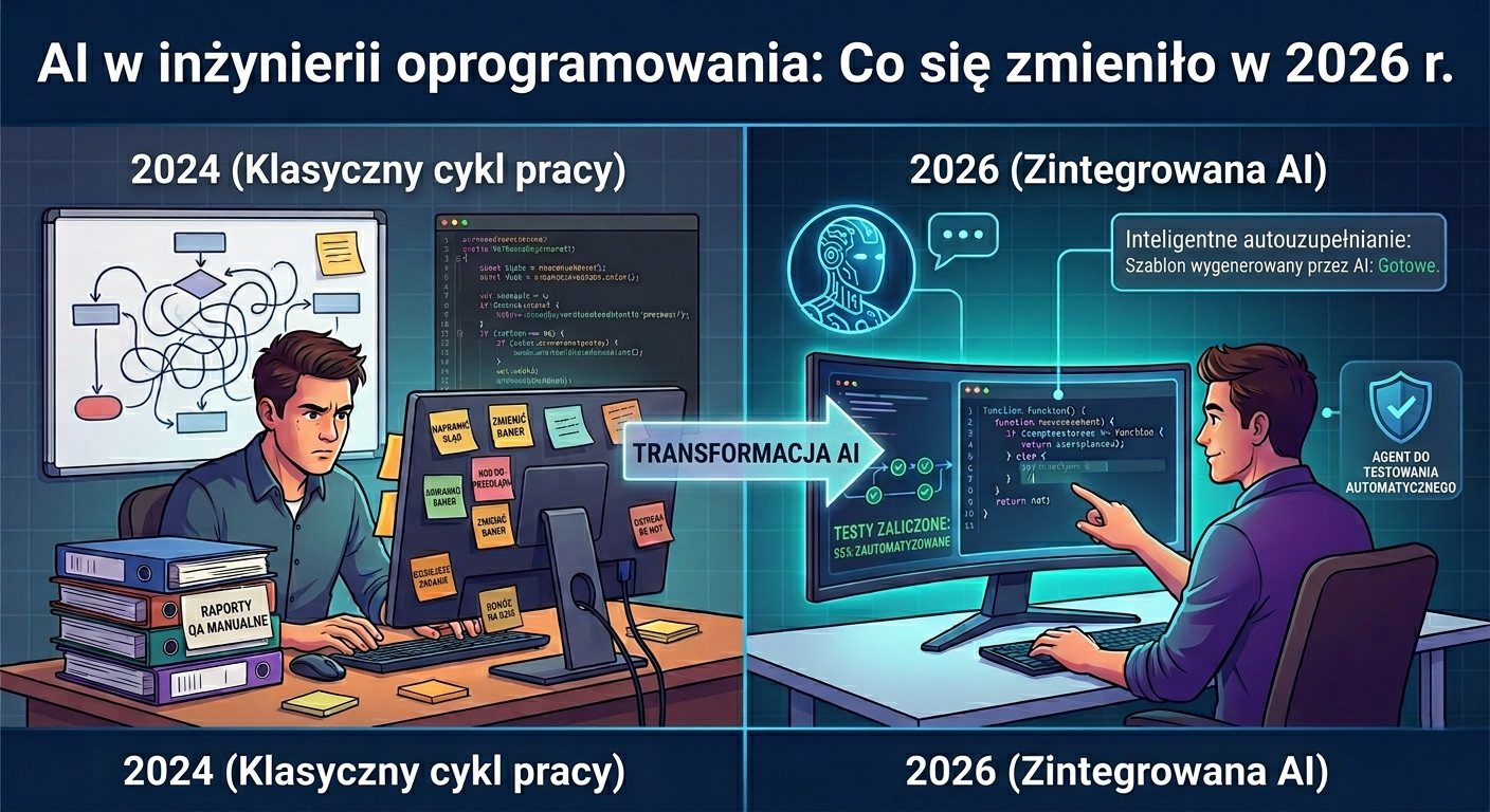 Infografika przedstawiająca ewolucję inżynierii oprogramowania w latach 2024–2026. Ekran podzielony na dwie części: po lewej rok 2024 z zestresowanym programistą w klasycznym cyklu pracy, otoczonym stosem raportów QA i monitorami z żółtymi karteczkami. Po prawej rok 2026 przedstawiający uśmiechniętego programistę korzystającego ze zintegrowanej sztucznej inteligencji, automatycznego uzupełniania kodu i agentów testujących.