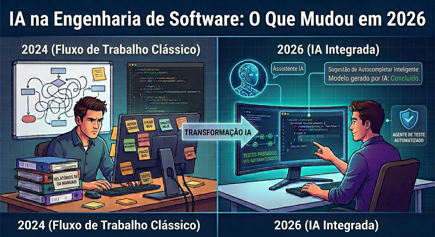 Infográfico comparando o desenvolvimento de software em 2024 e 2026 com o uso de IA. Do lado esquerdo, um programador estressado no ciclo de trabalho tradicional com relatórios de QA e telas cheias de post-its. Do lado direito, um desenvolvedor sorridente trabalhando com assistência de IA integrada e geração de código automática.