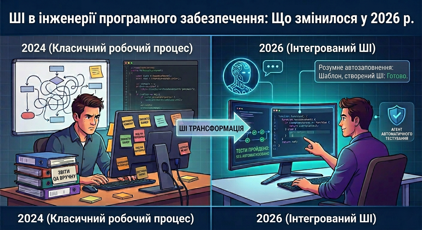 Інфографіка, що порівнює класичний процес розробки програмного забезпечення 2024 року та інтегрований зі штучним інтелектом процес у 2026 році. Зліва зображено стомленого програміста з купою паперових звітів та моніторами в наліпках. Справа зображено усміхненого програміста з вигнутим монітором та голограмою ШІ-асистента, що автоматично дописує код.