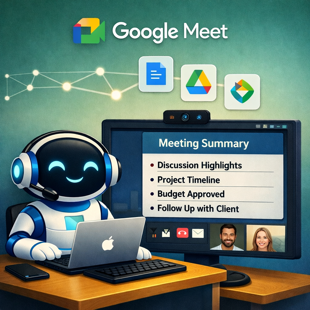 AI meeting assistant for Google Meet providing real-time transcription, automated summaries, and action item extraction within Google Workspace.