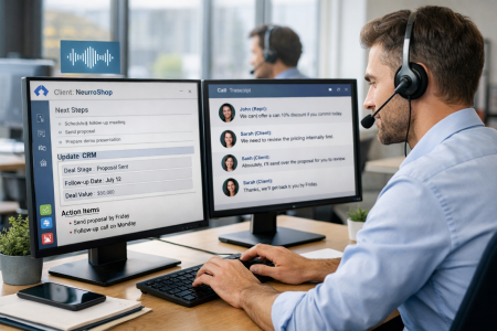 Sales representative using AI assistant to record a call, update CRM fields, and view speaker-attributed transcript for NeuroShop meeting automation.