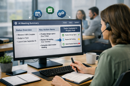 Project manager reviewing AI-generated meeting summary with automated task updates synced to project management platform, showing milestones, action items, and integrated project hub.