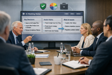 Executives using AI assistant to capture structured meeting notes during a boardroom session, supporting governance, audit requirements, and cross-functional alignment.