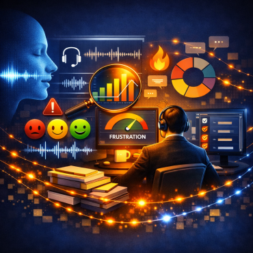 alt="Digital illustration of call analytics with holographic face, sentiment icons, magnifying glass over graphs, and call center agent monitoring frustration gauge and data charts representing speech and sentiment analysis.