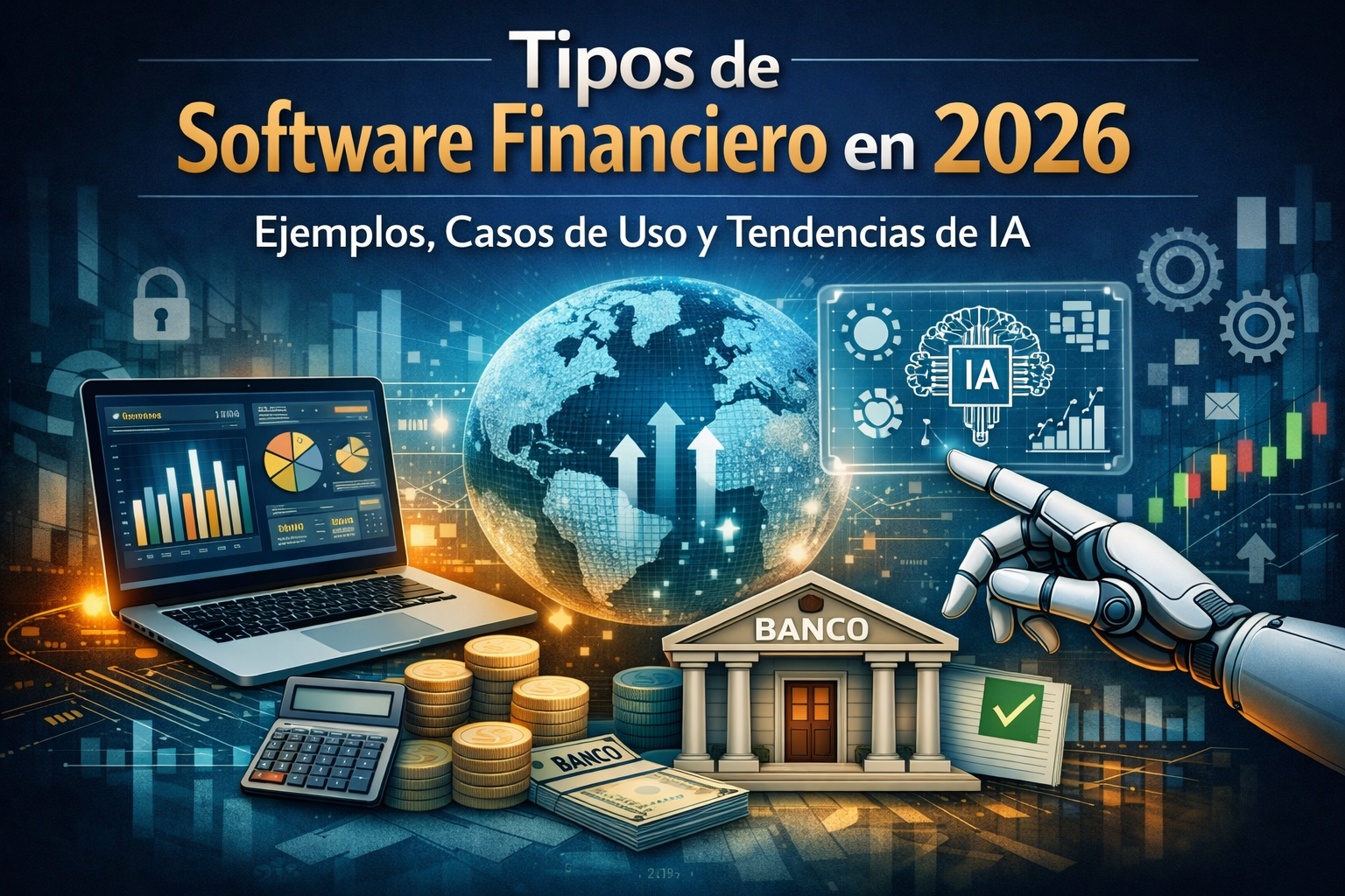 Ilustración de IA y finanzas con gráficos, mano robótica y banco.