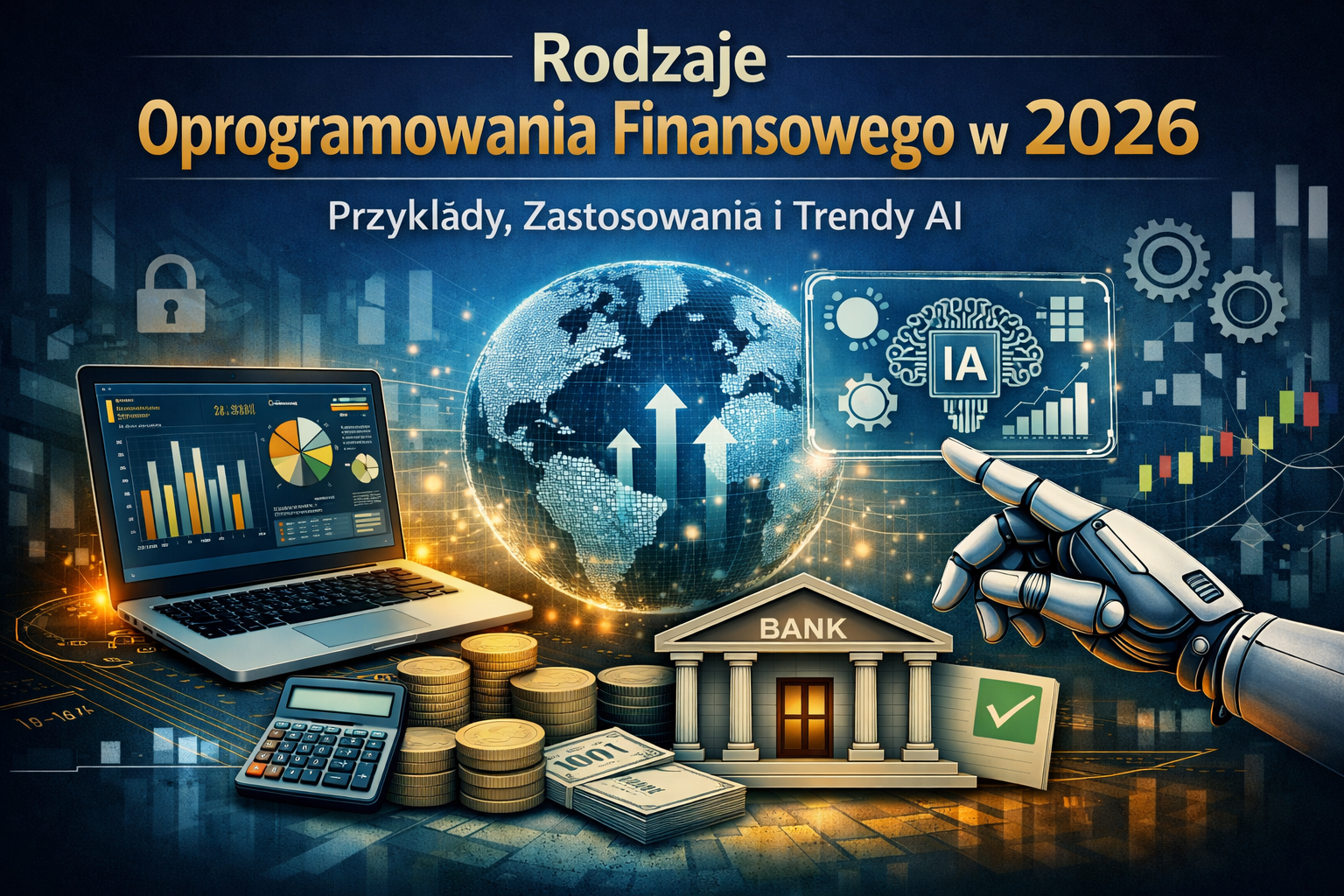 Ilustracja AI i finansów z wykresami, robotem i bankiem.