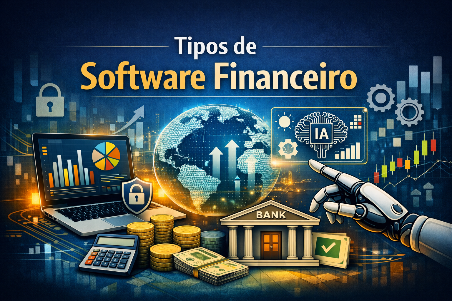 Ilustração de IA e finanças com gráficos, robô e banco.