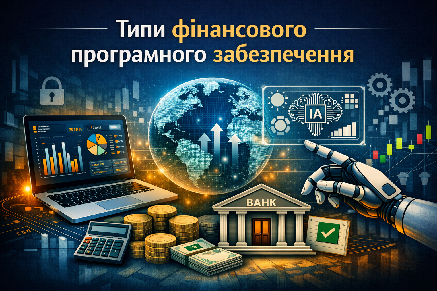 Ілюстрація ШІ та фінансів з графіками, роботом і банком.
