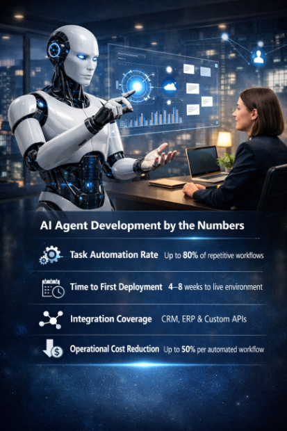 Humanoid robot interacting with holographic data while a businesswoman observes, with infographic metrics below showing automation rate, deployment time, integration coverage, and cost reduction
