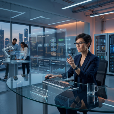 Woman in smart lab building custom five-step AI approval process for Neurotrack development.