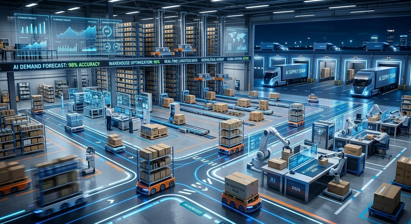 Futuristic automated warehouse in 2026 with self-driving robots, robotic arms, and holographic AI monitoring dashboards