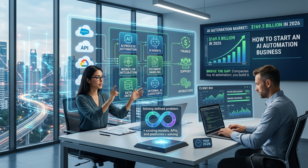 A group of diverse professionals working at a long table in a modern co-working space, with one man using futuristic futuristic AR glasses to view a floating holographic network diagram, against a large window with a city view