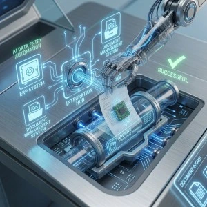A high-tech document scanner using a robotic arm and holographic data streams to pull information from physical papers, email attachments, and cloud uploads