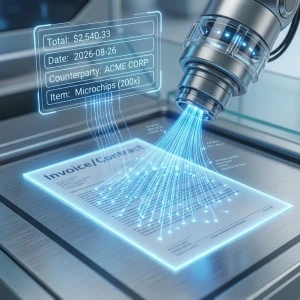 A sophisticated automated system in a modern facility, showing a robotic arm directing complex data streams along branching pathways marked with holographic icons for Legal Approval, Finance, and Regional Routing