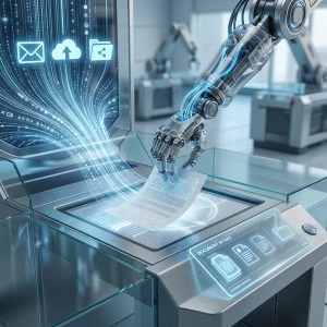 A futuristic integrated document workstation where a precise robotic hand lowers a microchip-embedded document into a glowing archival tube, connected to holographic systems for ERP data entry and document management