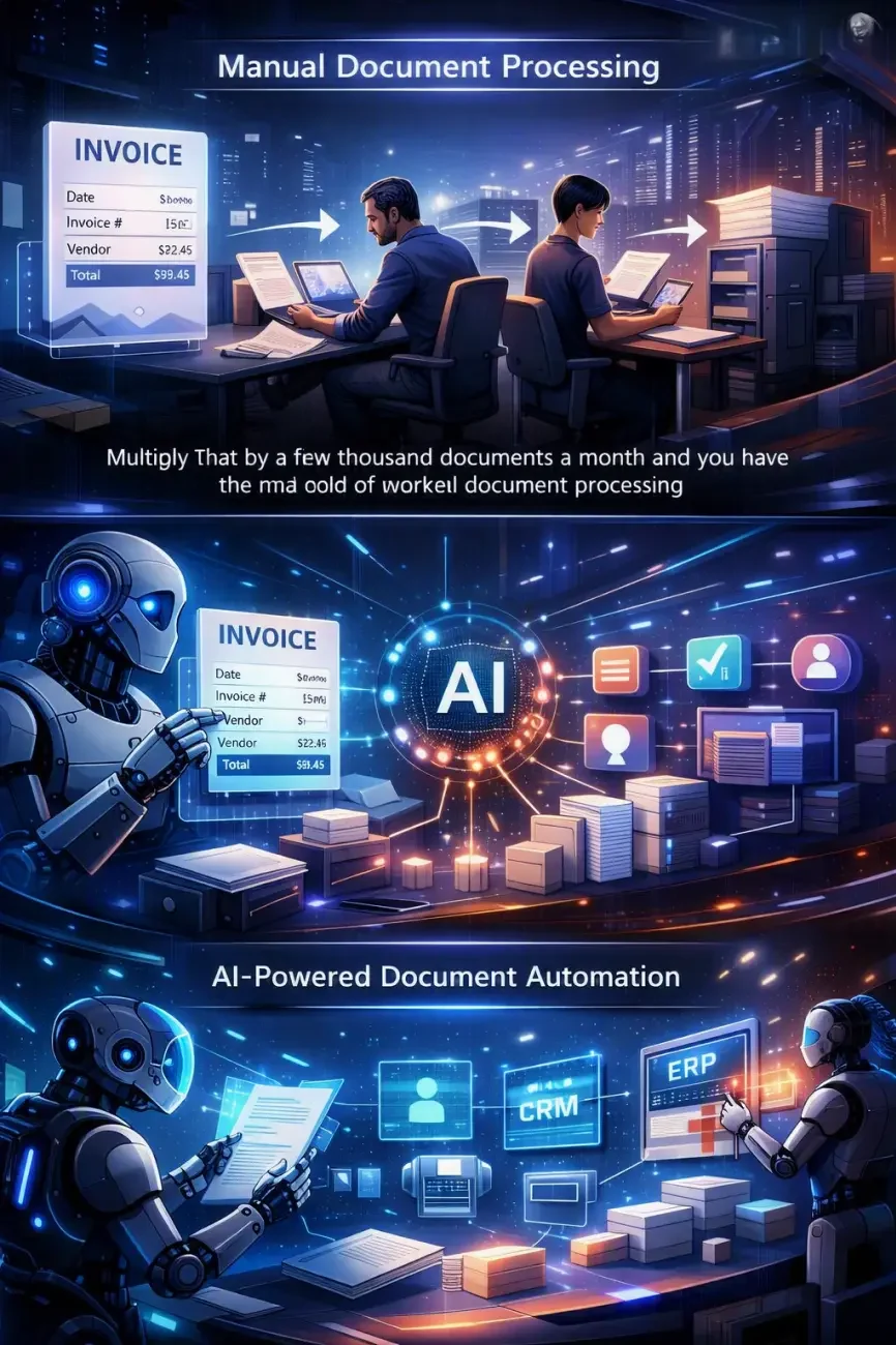 Comparison of manual document processing with AI-powered automation showing office workers handling invoices versus a robotic system managing digital workflows