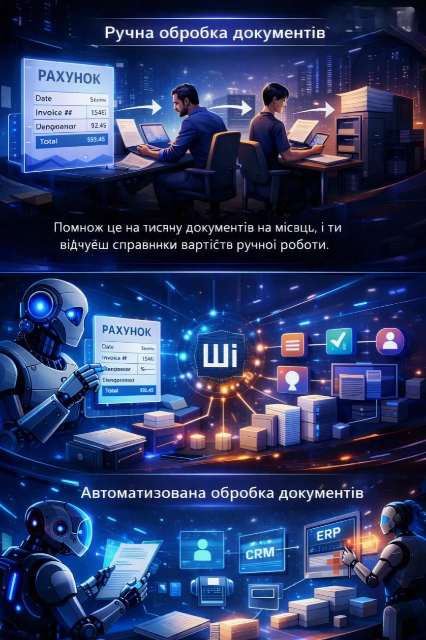 Порівняння ручної та автоматизованої обробки документів у футуристичному стилі з використанням ШІ.